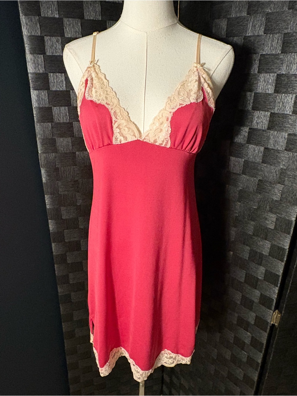 Vtg 90s Morbid Threads Pink Slip Dress Cream Lace Trim V-Neck Hot Topic Y2K Goth